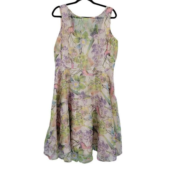 Julian Taylor Retro 60's Sheer Hummingbird Floral Fit & Flare Dress Pink Sz 14 - Picture 14 of 14
